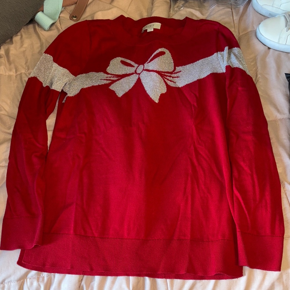 LOFT Bold Red sweater with silver bow